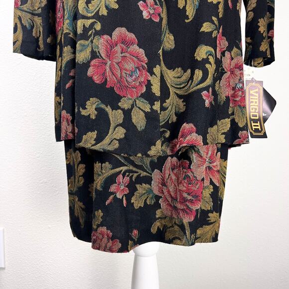 Vintage Virgo II Floral Jacquard Dress Black Gold Red Roses Puff Shoulder Sz 12 - Picture 4 of 13